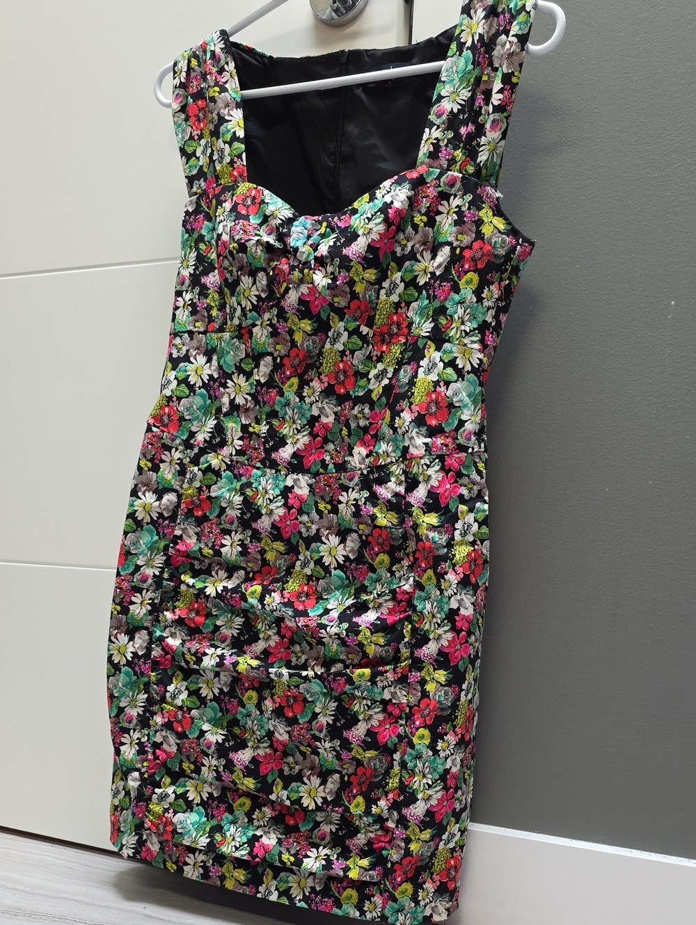 Nanette Lepore Black Floral Mini Dress with Pink, Green and White Blooms
